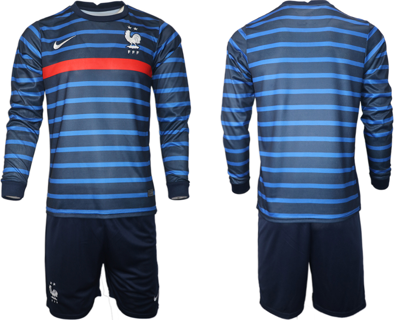 Men 2021 European Cup France home blue Long sleeve Soccer Jersey->customized soccer jersey->Custom Jersey
